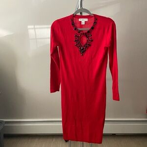 Red Embellished Long-Sleeve Dress